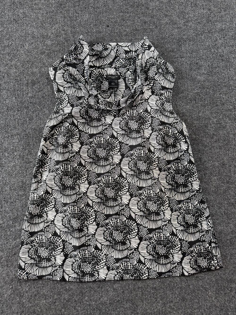Ann Taylor Blouse Womens 4 Black White Floral Cowl Neck Sleeveless Office Top